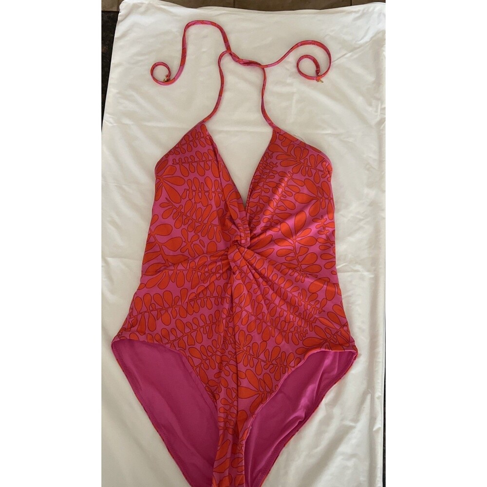 Trina Turk Tropical Trellis Plunge One Piece Swimsuit Sz 10 MSRP $184